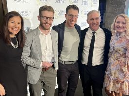 (l-r) The Mirus Australia team with 2023 award winner Marleen Galligan from Care Friends. Future of Ageing Awards presentation, Sydney, August 2024.